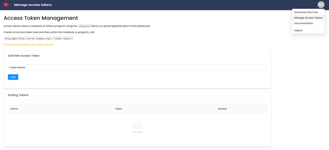 Screenshot of the dashboard showing the user menu and the token management page